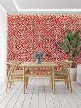 Red and cream damask pattern in contemporary hallway setting