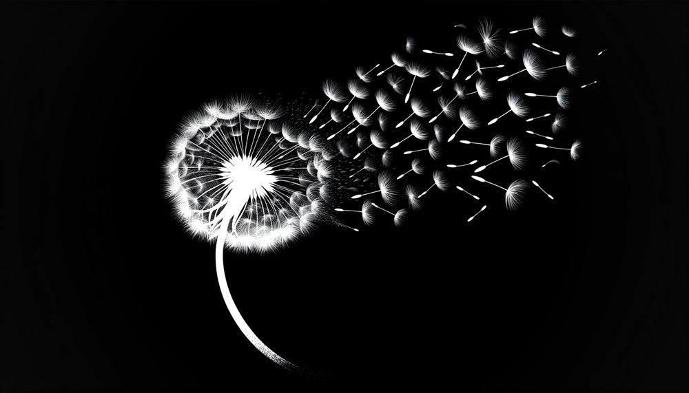 Black and white botanical dandelion design file showing intricate seed detail pattern