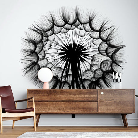 Black and white dandelion wall mural creating a stunning focal point in a modern living room with clean lines