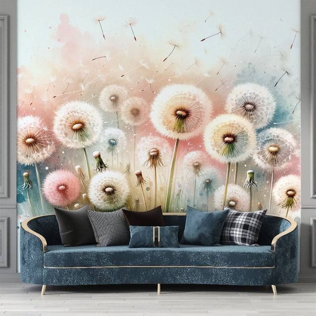 Pastel dandelion wallpaper mural in bright modern living room, showing floating seedheads against soft pink and turquoise background