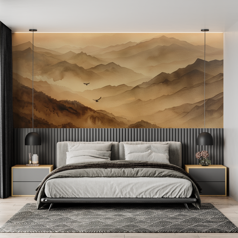 Mountain Mural Wallpaper | Misty Peaks in Terracotta Tones