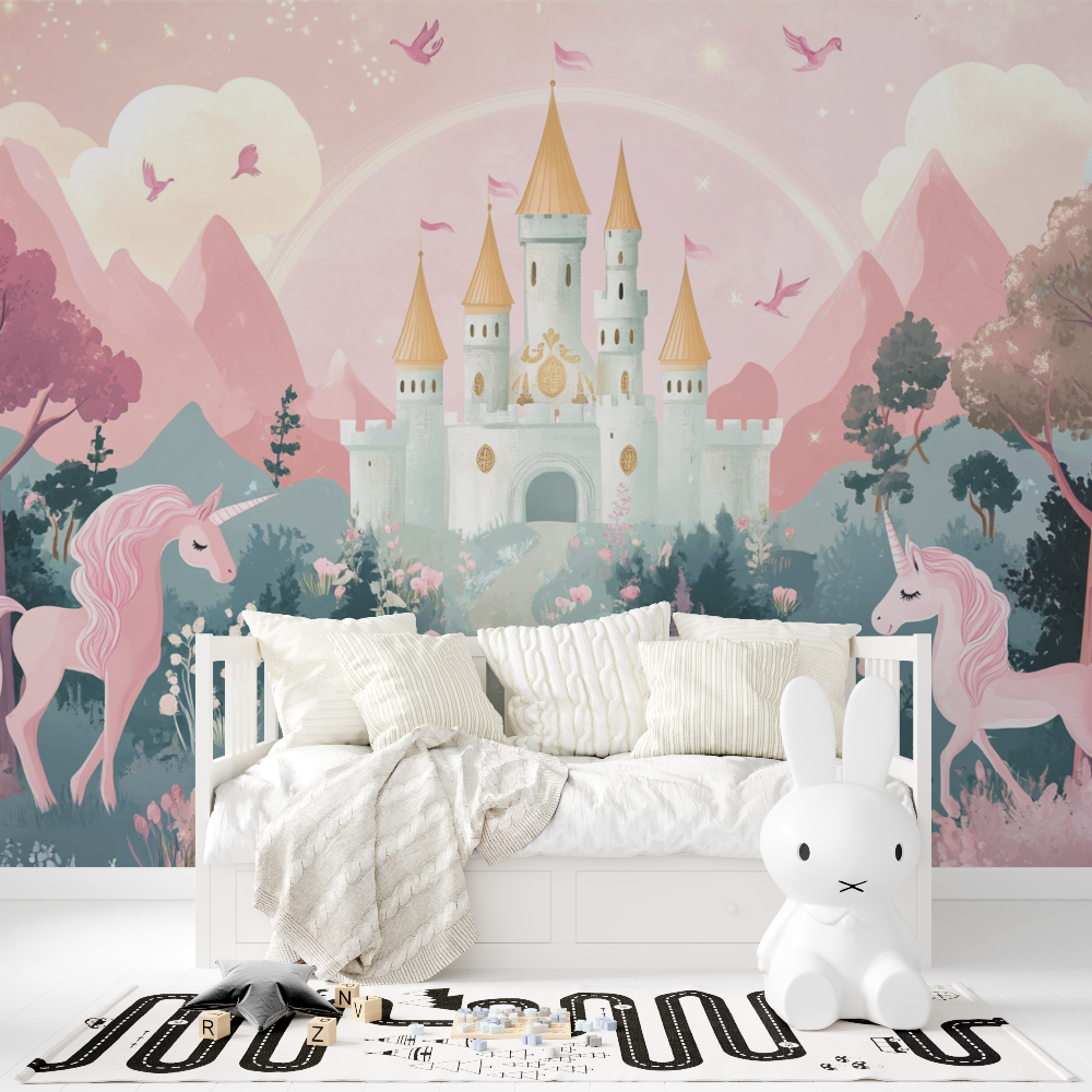 Princess Mural Wallpaper | Enchanted Castle with Pink Unicorns