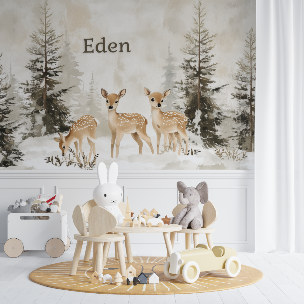 Forest Animals Mural Wallpaper | Deer and Pine Trees in Winter Scene