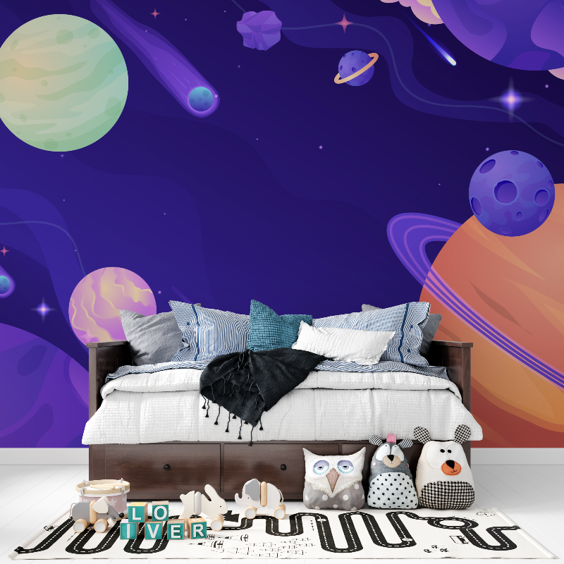 Space Mural Wallpaper | Cosmic Purple Galaxy with Planets