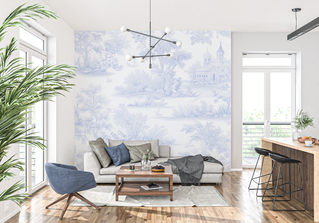Vintage Mural Wallpaper | Blue Toile de Jouy Pattern