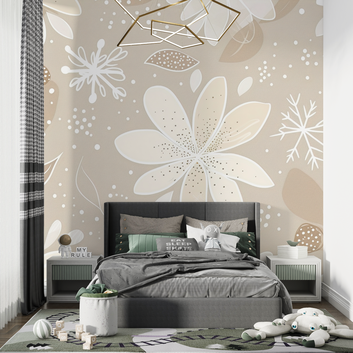 Floral Mural Wallpaper | Elegant Beige Snowflake Design
