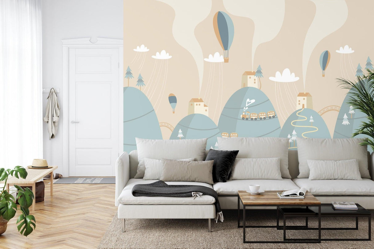 Kids Mountain Mural Wallpaper | Whimsical Train and Hot Air Balloons