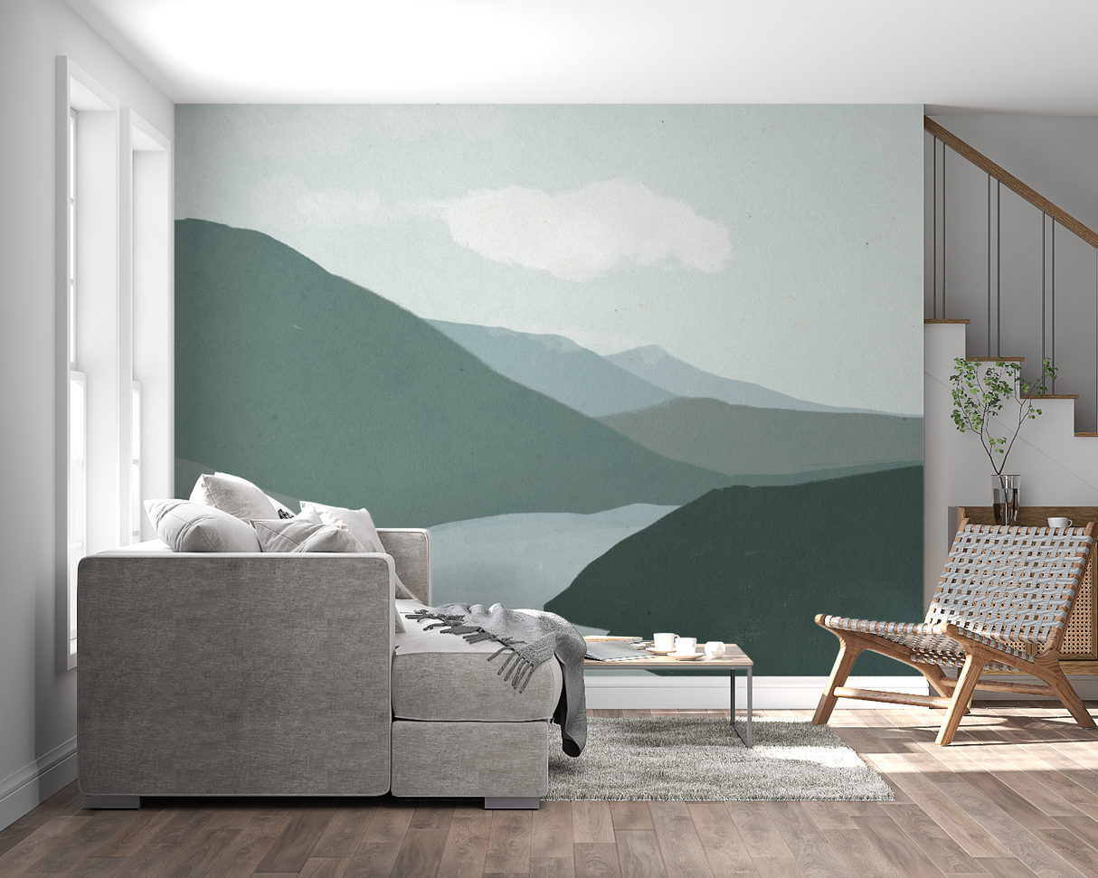 Mountain Mural Wallpaper | Serene Nordic Landscape in Green