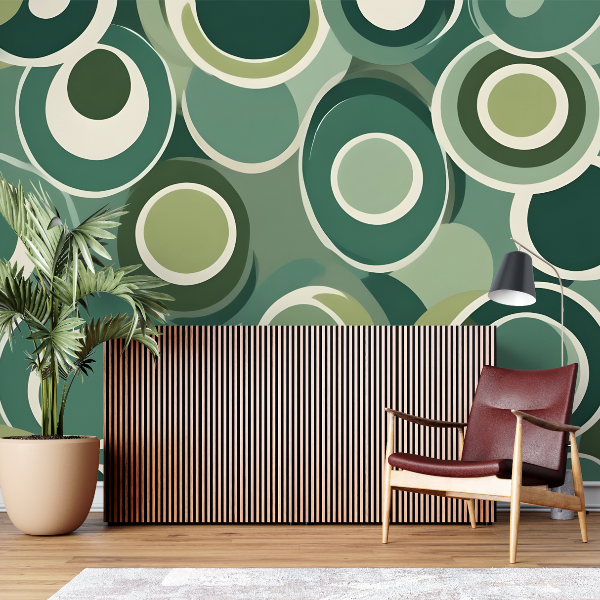 Geometric Mural Wallpaper | Retro Green Circles Pattern