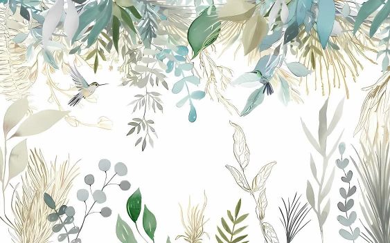 Botanical Mural Wallpaper | Watercolor Birds and Foliage