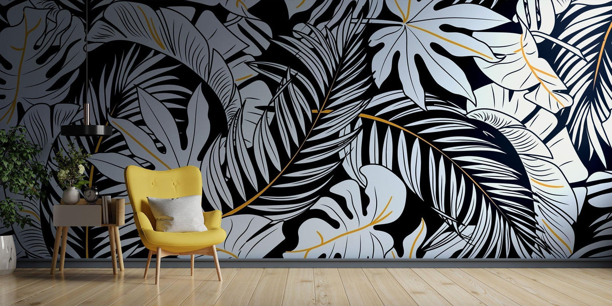 Papier Peint Mural Tropical | Monstera Noir et Blanc avec Accents Dorés