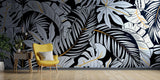 Papier Peint Mural Tropical | Monstera Noir et Blanc avec Accents Dorés
