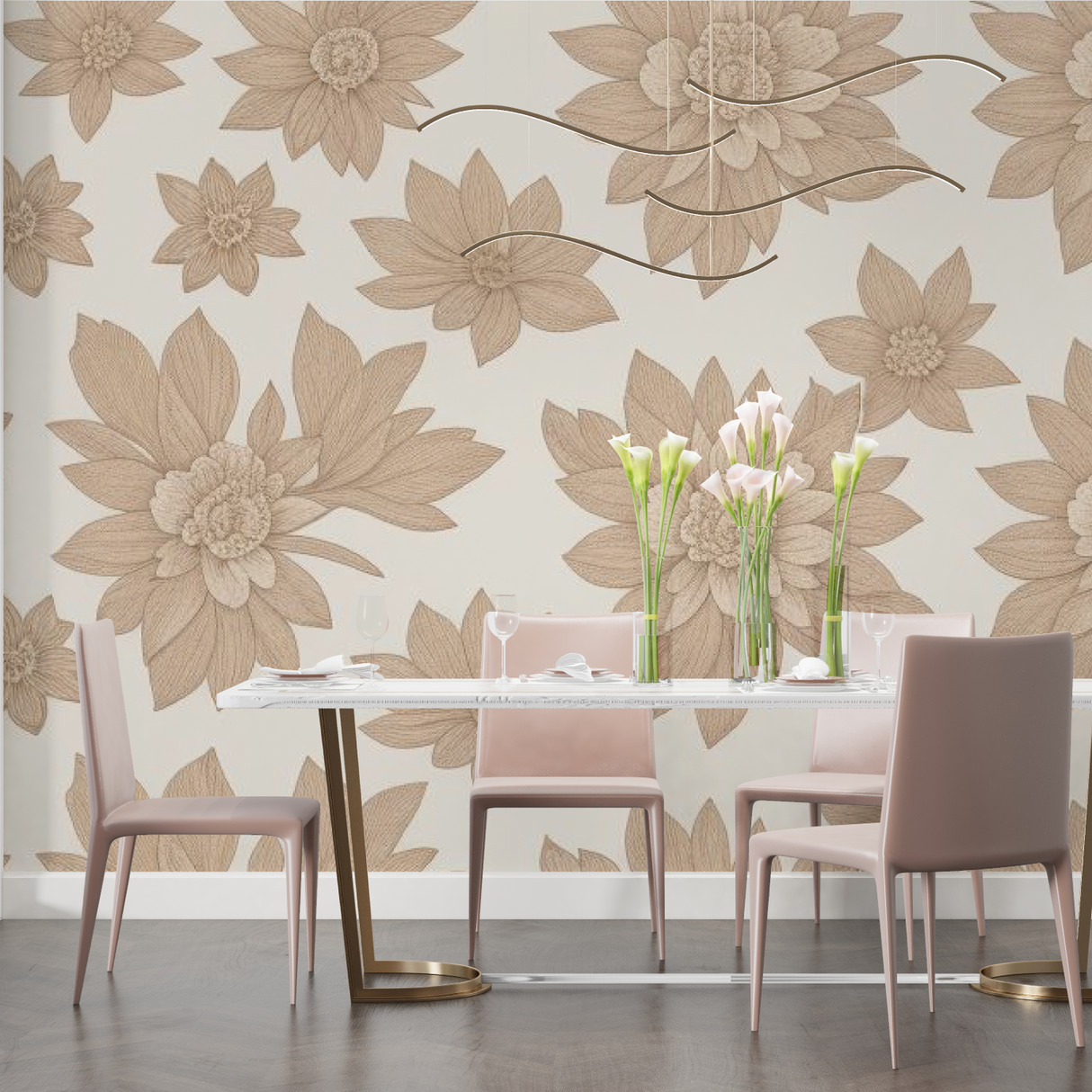 Floral Mural Wallpaper | Large Beige Blooms on White