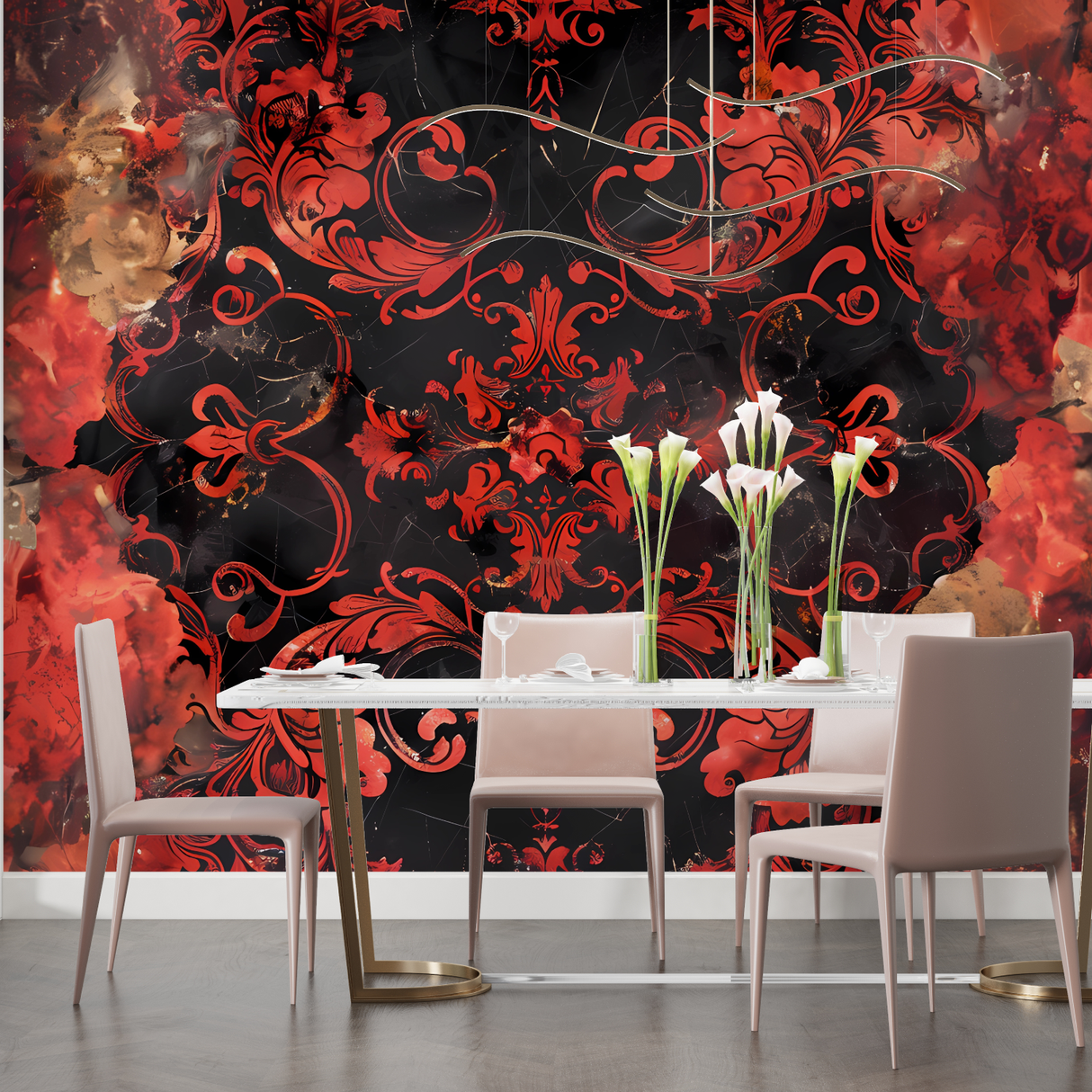 Baroque Mural Wallpaper | Red and Black Damask Pattern