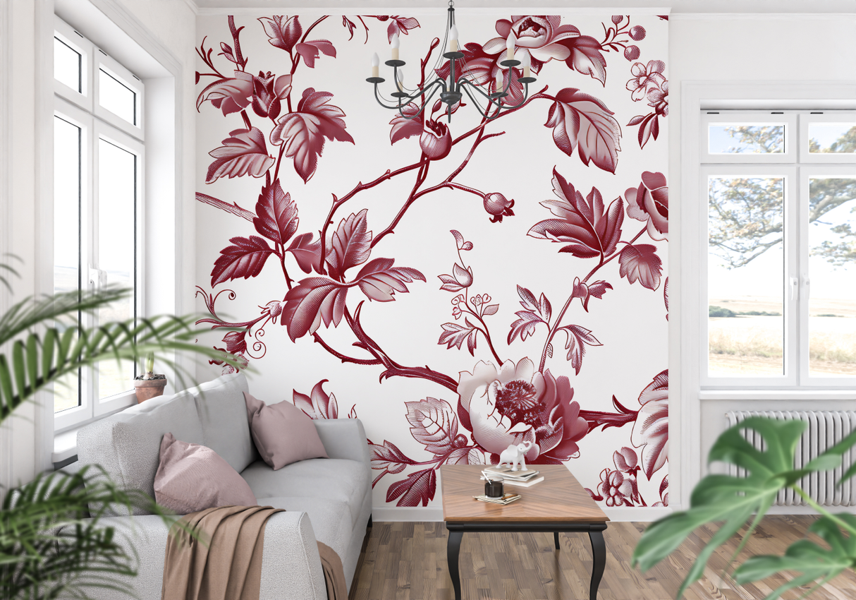 Floral Mural Wallpaper | Vintage Red and White Toile Design