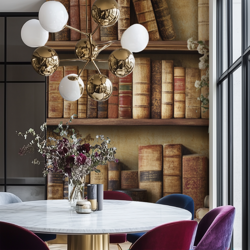 Vintage Library Mural Wallpaper | Antique Bookshelf Trompe l'Oeil