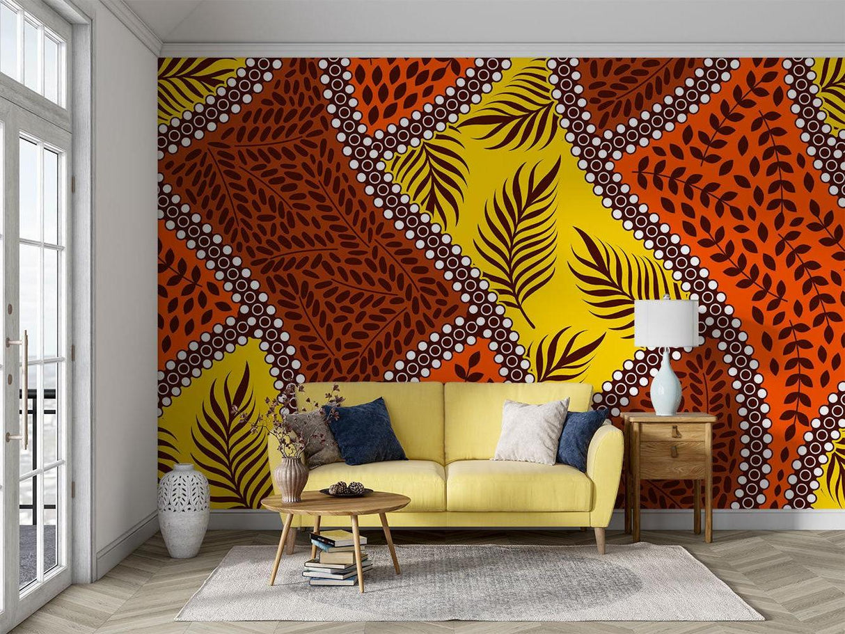 Tropical Mural Wallpaper | Geometric Leaf Pattern in Orange and Yellow