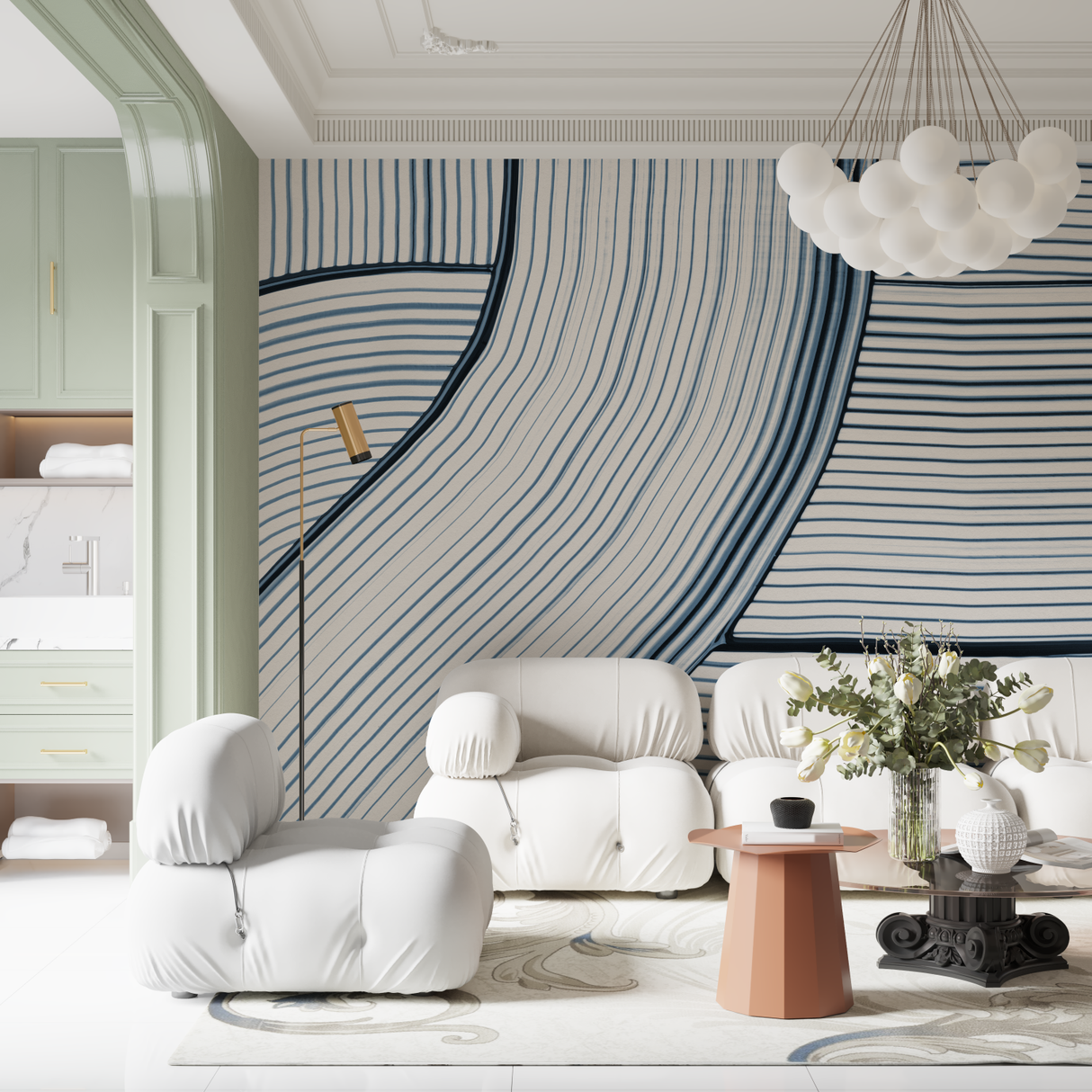 Abstract Mural Wallpaper | Blue Wave Line Pattern