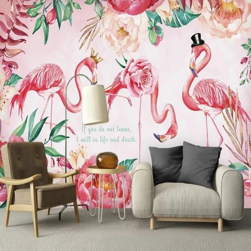 Flamingo Mural Wallpaper | Pink Floral Fantasy with Crowns