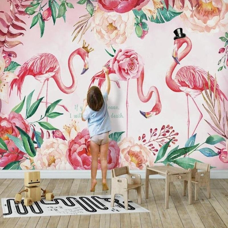 Flamingo Mural Wallpaper | Pink Floral Fantasy with Crowns