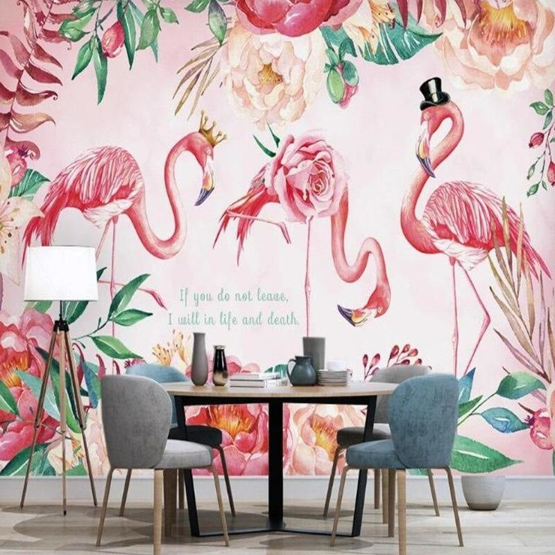 Flamingo Mural Wallpaper | Pink Floral Fantasy with Crowns