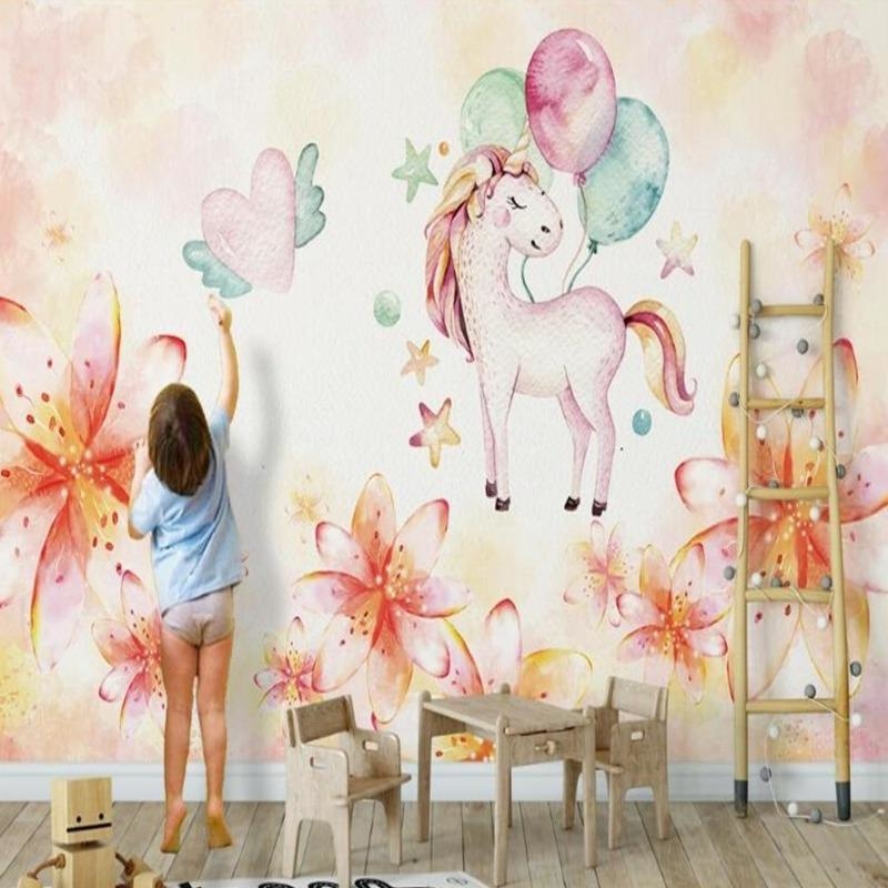 Unicorn Mural Wallpaper | Watercolor Fantasy with Flowers