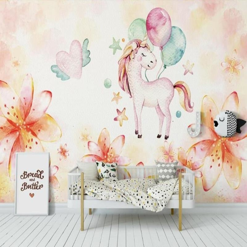 Unicorn Mural Wallpaper | Watercolor Fantasy with Flowers