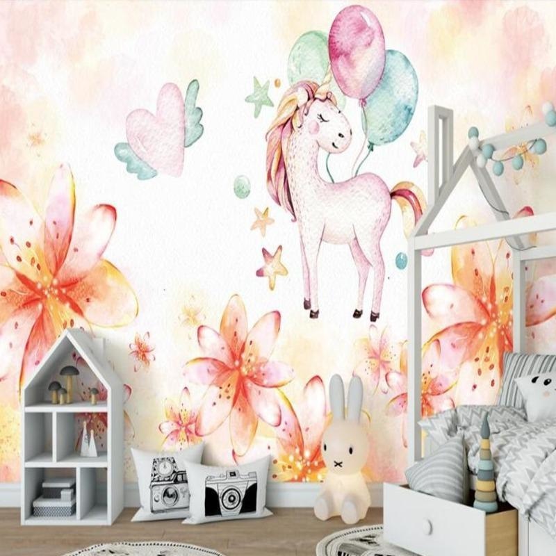 Unicorn Mural Wallpaper | Watercolor Fantasy with Flowers