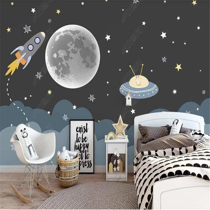 Space Mural Wallpaper | Moonlit Adventure with Rocket and UFO