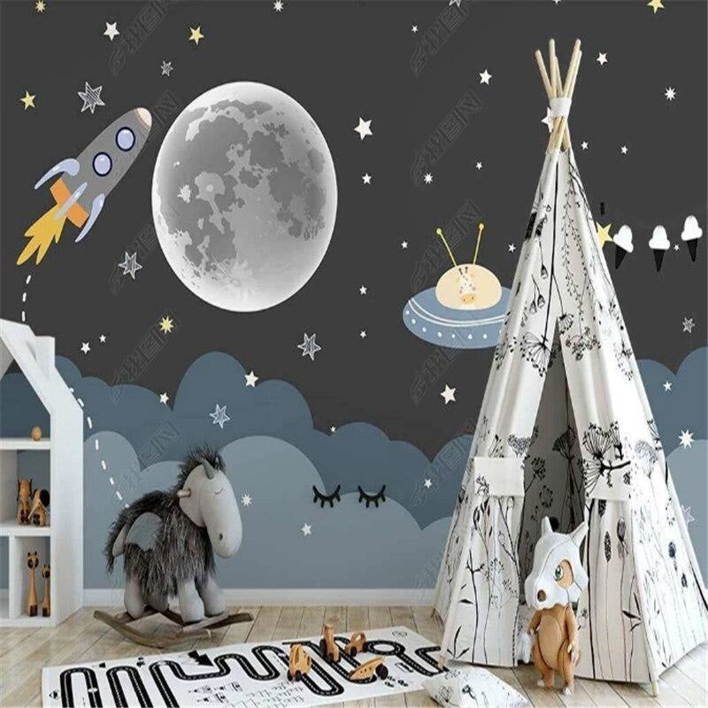 Space Mural Wallpaper | Moonlit Adventure with Rocket and UFO