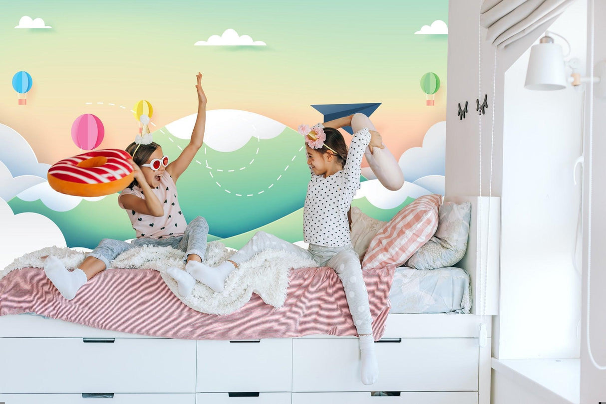 Kids Mural Wallpaper | Paper Airplane and Hot Air Balloons Adventure