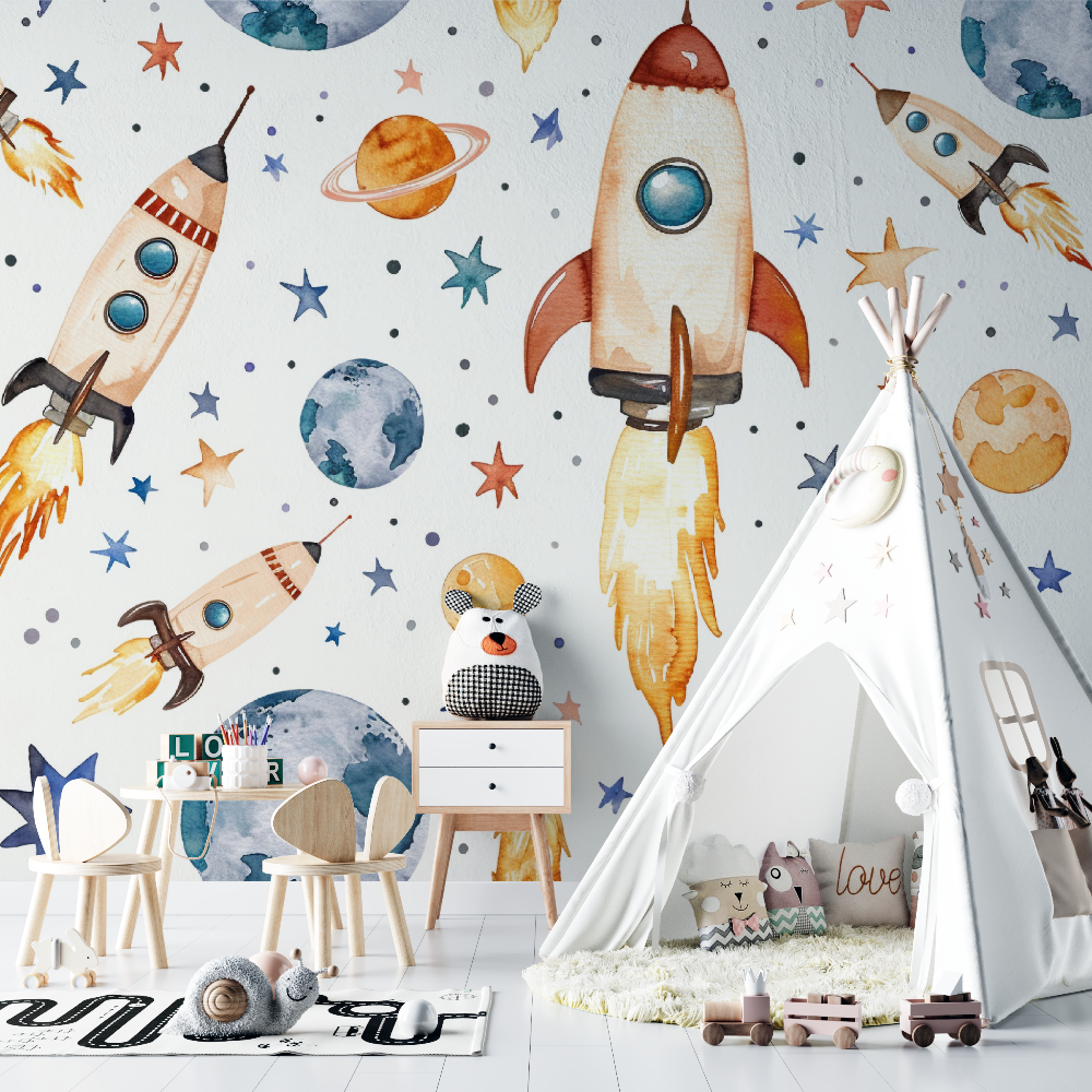 Space Mural Wallpaper | Watercolor Rockets and Planets
