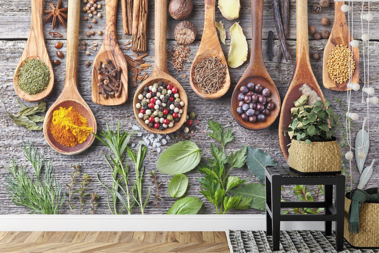 Kitchen Mural Wallpaper | Rustic Spices and Herbs Display