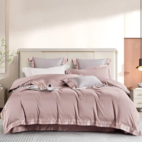 Egyptian Cotton Duvet Set  Luxurious Blush Pink With Lace Trim - Product showcase