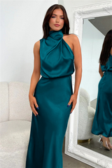 Emerald Evening Dress  Draped High-Neck Satin Maxi - Product detail 5