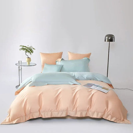 Egyptian Cotton Duvet Cover  Peach Blue Color Block Design - Product showcase
