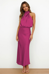 Emerald Evening Dress  Draped High-Neck Satin Maxi - Product detail 8