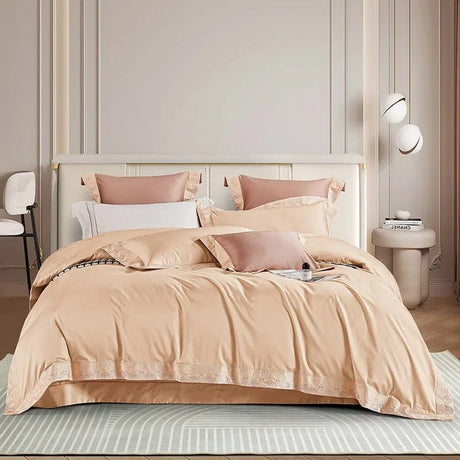 Egyptian Cotton Duvet Set  Peach Lace Trim Design - Product showcase