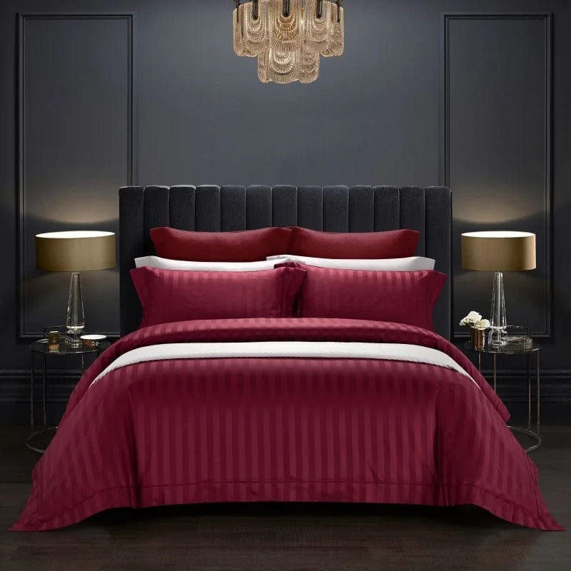 Luxury Egyptian Cotton Duvet Set  Deep Wine Striped Pattern - Product showcase