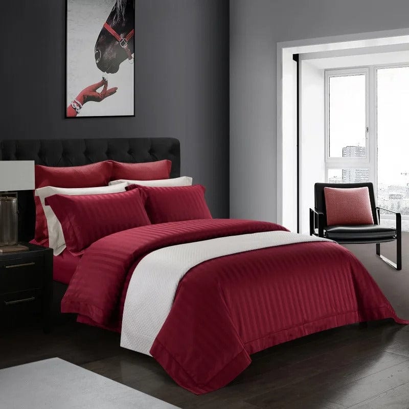 Luxury Egyptian Cotton Duvet Set  Deep Wine Striped Pattern - Detailed view