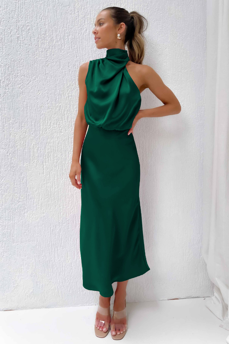 Emerald Evening Dress  Draped High-Neck Satin Maxi - Detailed view