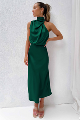 Emerald Evening Dress  Draped High-Neck Satin Maxi - Detailed view