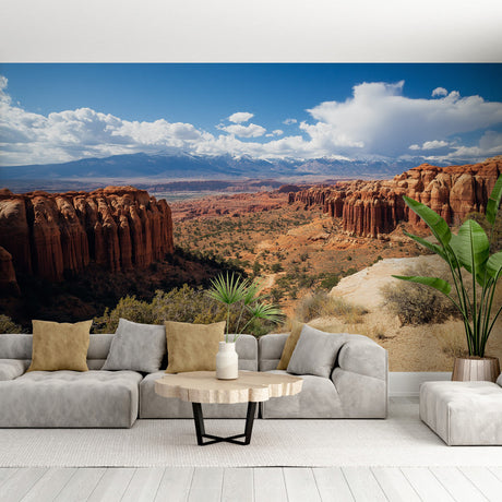 Desert Mountain Mural Wallpaper creating depth in a modern living room, red rock formations adding warmth to the space