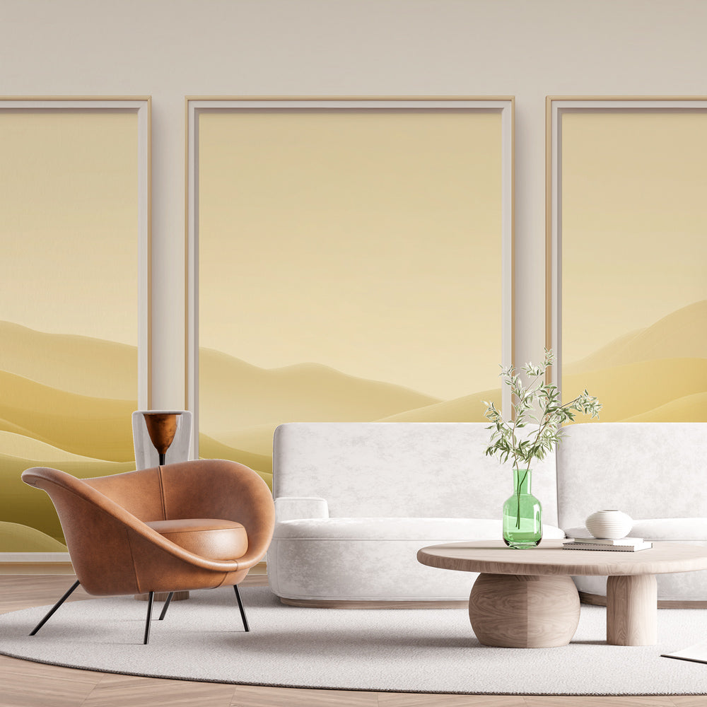 Desert abstract wallpaper with golden waves shown in a modern living room, creating a warm and inviting atmosphere
