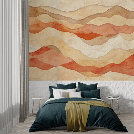 Desert waves wallpaper in modern minimalist living room with natural light showing terracotta tones