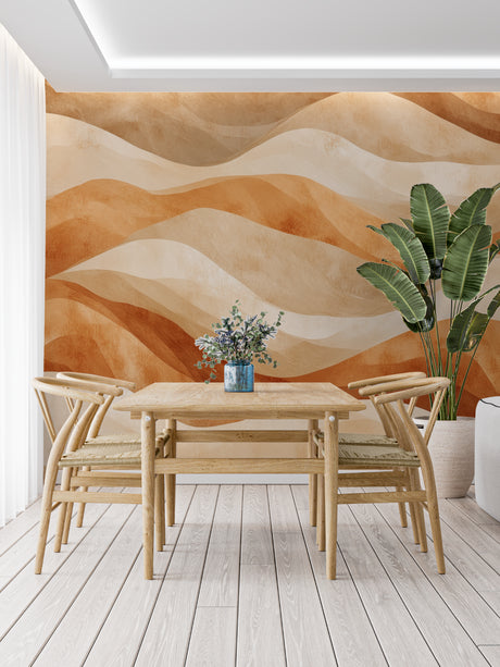 Desert wave wallpaper in modern living room with neutral furniture and natural light