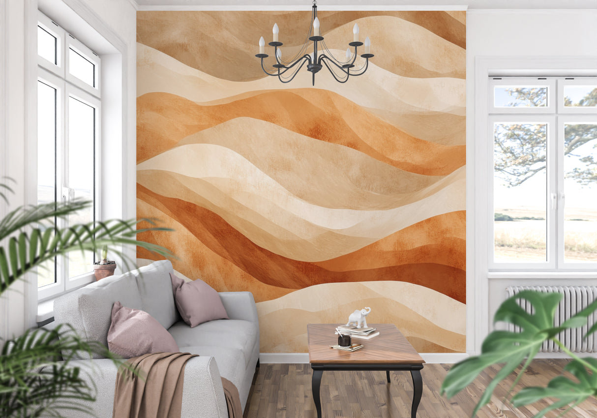 Terracotta abstract waves mural in minimalist bedroom setting