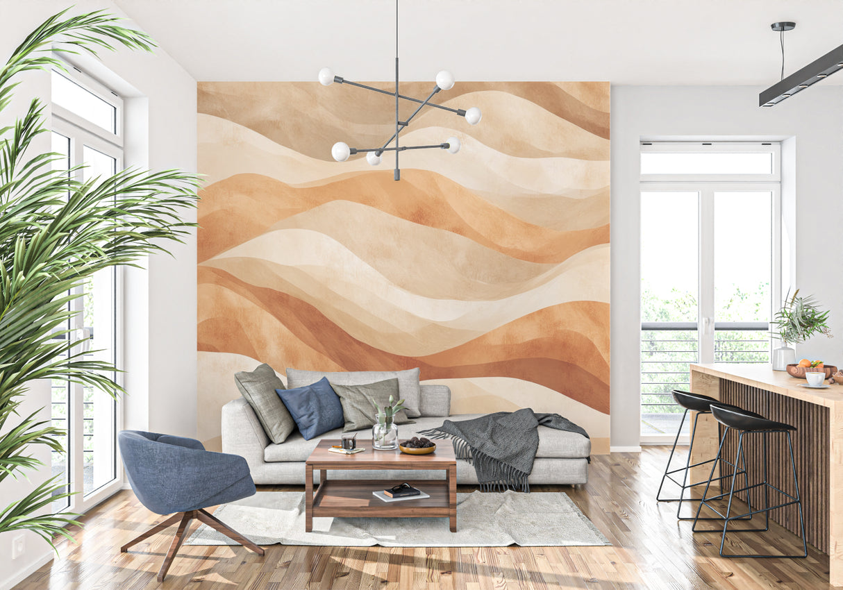 Desert-inspired wall mural creating depth in dining room space