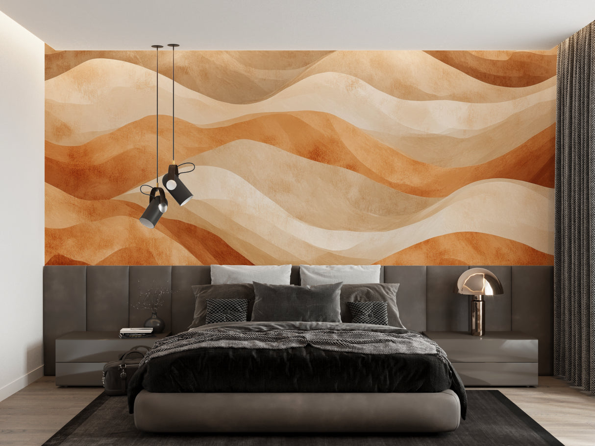 Abstract wave wallpaper adding warmth to home office setting