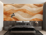 Abstract wave wallpaper adding warmth to home office setting
